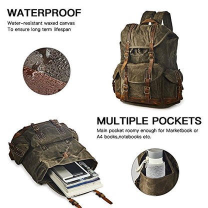 Heavy-Duty Waxed Canvas Rucksack Backpack - color: Dark Brown, size: 400 x 340 x 190 mm - Standard