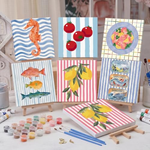 YooNotee 6 Pack Paint by Numbers Kit, 8x8 DIY Canvas with Easel Fish - style: Fish