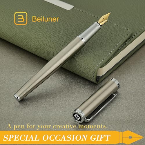 BEILUNER Luxury Fountain Pen Set,Solid 24K Gilded(Medium)-Charming Silver - color: Silver, style: Medium Nib