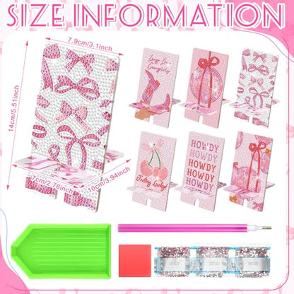 Saillong 6 Pcs Pink Bow Diamond Art Phone Stand, Full Drill DIY Holder - style: Pink Bow