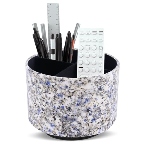 Round Leather Art Supply Organizer,Remote Control Holder,360-degree Rotating Pen Organizer with 4 Compartments(1-Marble Flower) - color: 1-Marble Flower