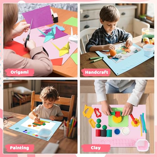 Silicone Painting Mat, Reusable Artist Mat with Spill Proof Cup and Non Stick Fabric Palettes, 16 Color Dividers Craft Mat for Artist Clay DIY and Acrylic Painting(Pink+Blue) - color: Pink+blue