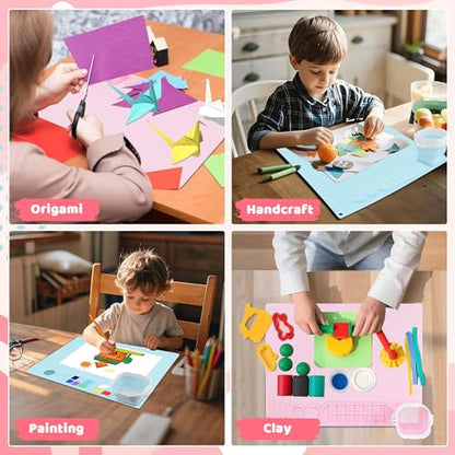 Silicone Painting Mat, Reusable Artist Mat with Spill Proof Cup and Non Stick Fabric Palettes, 16 Color Dividers Craft Mat for Artist Clay DIY and Acrylic Painting(Pink+Blue) - color: Pink+blue