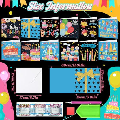 Saillong 12 Pack Black Happy Birthday Diamond Art Card with Envelopes - color: Birthday