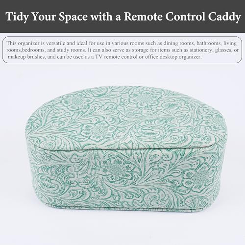 Remote Control Holder, PU Leather Remote Caddy Desktop Organizer with 5 Spacious Compartments for TV Remotes/Media Controllers/Office Supplies (1-Carved3 Green2 - color: 1-Carved3 Green2
