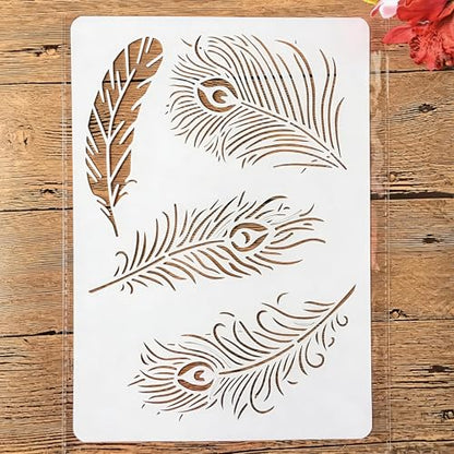TIAMECH A4 Reusable Bird Peacock Feather Stencil for Painting - style: Peacock Feather
