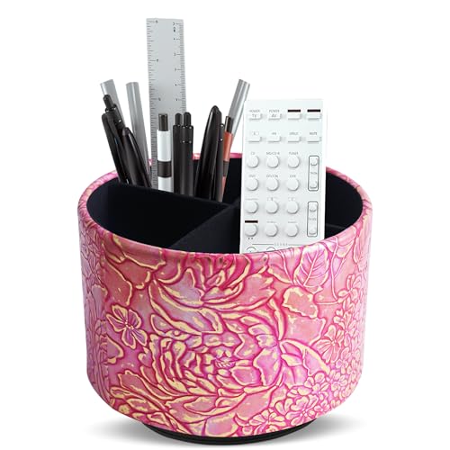 Round Leather Art Supply Organizer,Remote Control Holder,360 Degree Spinning,Multi-Functional Pencil Holder,4 Compartments Desktop Stationary Organizer(1-Rich Flower Pink) - color: 1-Rich Flower Pink