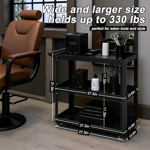 3 Tier Metal Utility Rolling Cart with Wheels, Black - color: Black