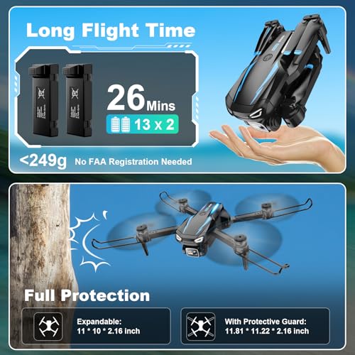 Drone with 1080P Camera, Foldable Remote Control Quadcopter for Adults Beginners, Mini Drone with Stable Hover, Waypoint Fly, 3D Flips, One Key Start, 2 Batteries, Easy to Fly Indoors & Outdoors - color: Black Blue