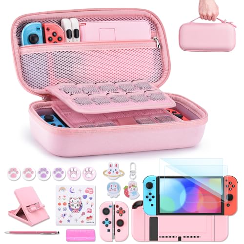 innoAura Switch Case 19-in-1 Bundle for NS Switch (2017), with Carrying Case, Game Organizer, Screen Protector, Stand and Thumb Grips, Pink - color: Pink, size: for Switch (2017)