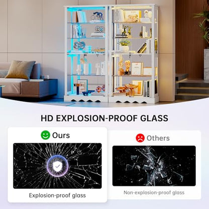 Dystler Display Cabinet with Glass Doors, RGB Lights for Collectibles - color: White