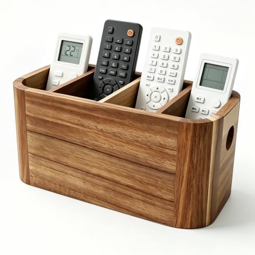 Acacia Wood Remote Control Holder, TV Remote Holder - 4 Compartment Remote Control Storage Organizer, Small Wooden Desktop Caddy for Coffee Table, Nightstand, Living Room, Office, Vanity