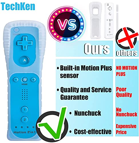 TechKen Motion Plus Wii Controllers 2Packs with Nunchucks, Wii Remote Controllers Compatible for wii and Wii U with Built in Motion Plus - color: red+blue