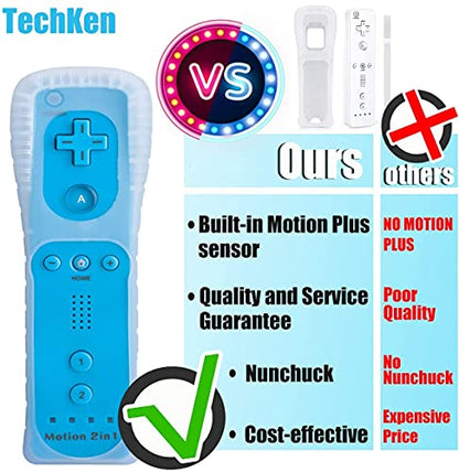 TechKen Motion Plus Wii Controllers 2Packs with Nunchucks, Wii Remote Controllers Compatible for wii and Wii U with Built in Motion Plus - color: red+blue