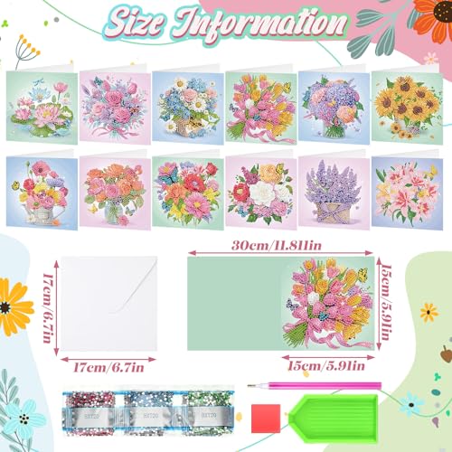 Saillong 12 Pack Flower Diamond Painting Greeting Cards with Envelopes - color: Flower