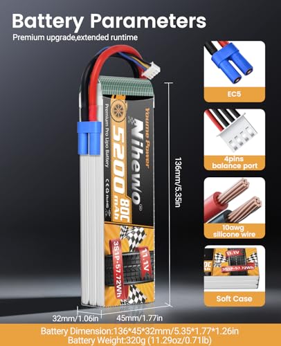 3S Lipo Battery EC5 5200mAh 11.1V 80C Softcase for RC Car Drone 2pcs - style: 2x 11.1V 5200mAh