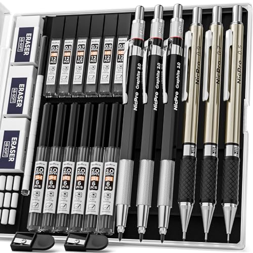 Nicpro 6PCS Art Mechanical Pencils Set 39 PCS Aesthetic School Supplies with Big Capacity Pen Case