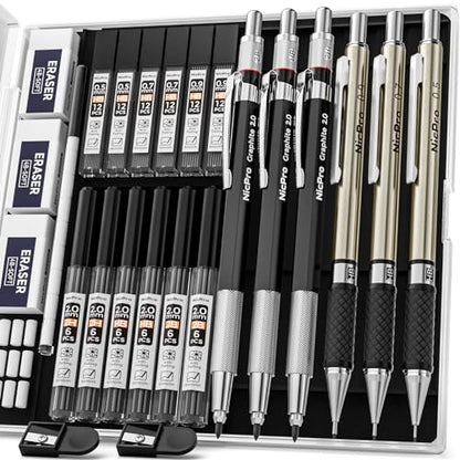 Nicpro 6PCS Art Mechanical Pencils Set 39 PCS Aesthetic School Supplies with Big Capacity Pen Case