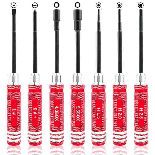 7-in-1 Mini Hex Screwdriver Set (0.05"/1.5mm, 2.0mm,2.5mm & Box Wrench (4.0mm,5.5mm) Nut Screw Driver|RC Tool Kit|Phillips| Compatible with TRX4M SCX24 1/24 1/18 1/16 RC Cars Drone Repair(Red)