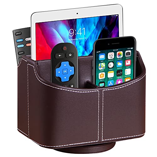 360° Rotating Remote Control Holder, PU Leather TV Remote Caddy, Pen Holder - color: Brown