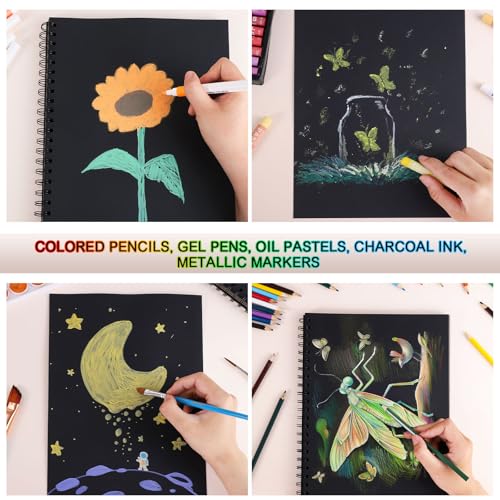 2 Pack Black Paper Sketchbook, 9 × 12 in, 100 Sheets, 160gsm Spiral Bound - size: 9×12 Inch (2 Pack )