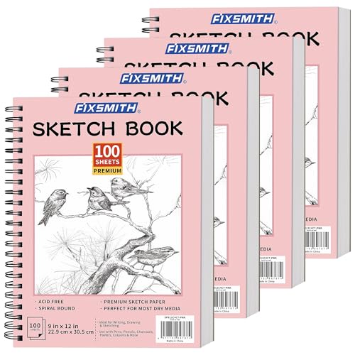 FIXSMITH 9"X12" Sketch Book, 100 Sheets, 68 lb/100gsm,4 Pack Pink - color: Pink, size: 9"x12"-4 Pack