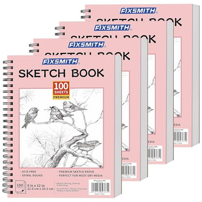 FIXSMITH 9"X12" Sketch Book, 100 Sheets, 68 lb/100gsm,4 Pack Pink - color: Pink, size: 9"x12"-4 Pack