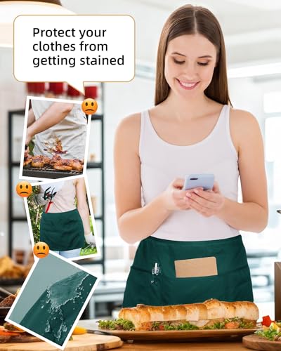 Argstar 2 Pack Server Apron with 4 Pockets, Waitress Waiter Waist WaterDrop Resistant Short Aprons - color: Green