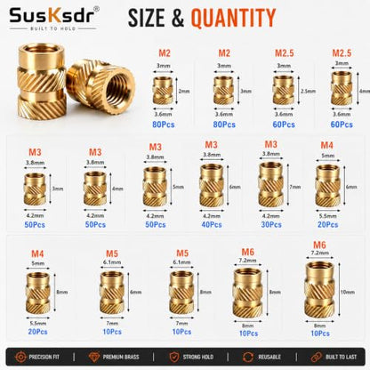 580+7PCS Heat Set Threaded Inserts Kit, M2 M2.5 M3 M4 M5 M6 Metric Brass Threaded Inserts Assortment, Knurled Inserts with Heat Set Insert Tool, for 3D Printing Components, Plastic Parts, DIY Projects