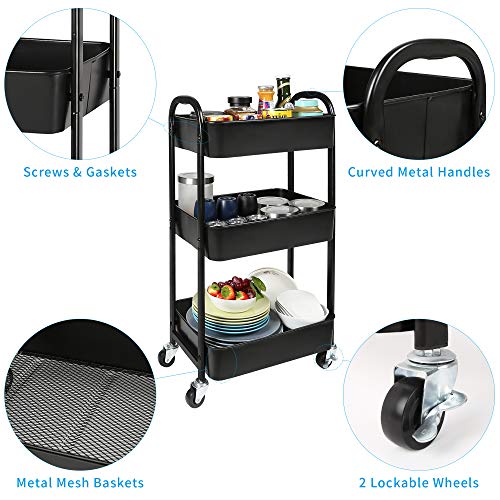 3-Tier Rolling Utility Cart with Caster Wheels Easy Assembly, Black - color: Black, size: 3-Tier Standard Cart