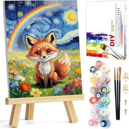 HITO Fox Paint by Numbers Kit for Kids 6-8-12 with Frame Easel 8X12 inch - color: Fox