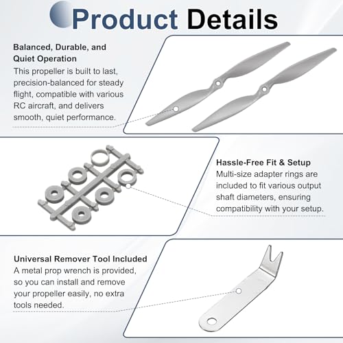 MECCANIXITY 12x6 Inch RC Propellers, 2-Vane Blades Prop Replacements Gray High Speed Propeller with Adapter Rings & Prop Wrench for RC Airplane Drones, Pack of 4 - size: 12" x 6"