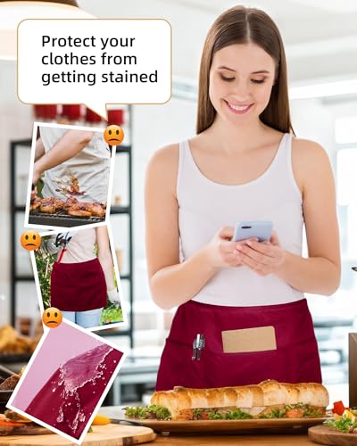 Argstar 2 Pack Server Apron with 4 Pockets, Waitress Waiter Waist WaterDrop Resistant Short Aprons - color: Red