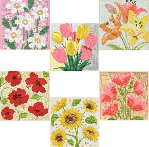 Tiwabb 6 Pack Flower Diamond Art Kits for Kids,DIY Crafts for Girls Boy - color: 6 Pack Flowers