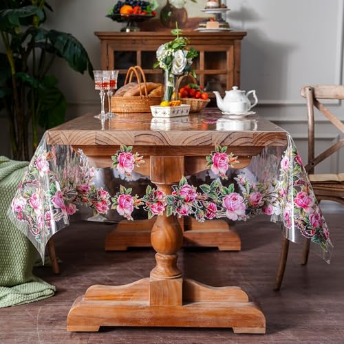 ARTABLE Clear Vinyl Tablecloth Rose Floral Print Wipeable 52 x 70 Inch - color: Rose, size: 70" x 52" (Rectangular)