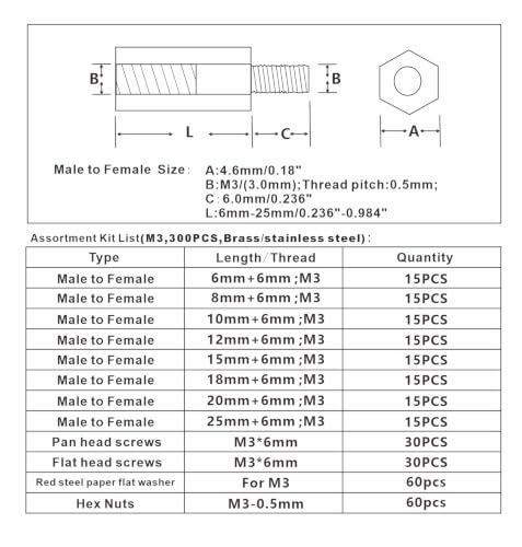 300PCS M3 Brass Male-Female Hex Standoffs, Screws Nuts & Washers Kit - size: M3