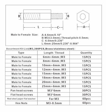300PCS M3 Brass Male-Female Hex Standoffs, Screws Nuts & Washers Kit - size: M3