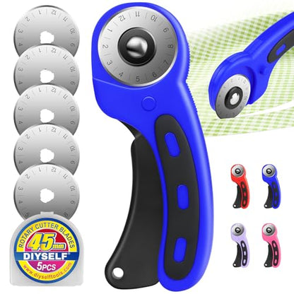 DIYSELF Rotary Cutter for Fabricr, Rolling Cutter with 5 Extra 45mm Blades - color: Blue