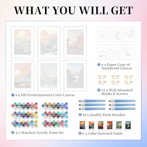 6 Pack Paint by Numbers Kit for Adults, National Park Canvas Painting Set - color: Park-1