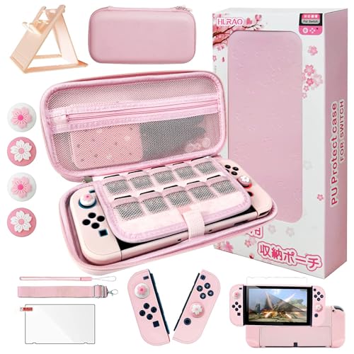 Pink Travel Carrying Case Accessories Kit Compatible with Nintendo Switch OLED.Pink Switch OLED Hard Protective Cover,Adjustable Stand,Screen Protector & Cute Thumb Grips 10 in 1 Gift. - color: Switch Oled 2021