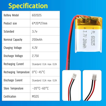 602025 3.7V Lipo Battery 200mAh 602025 Rechargeable Lithium - size: 602025 200mAh