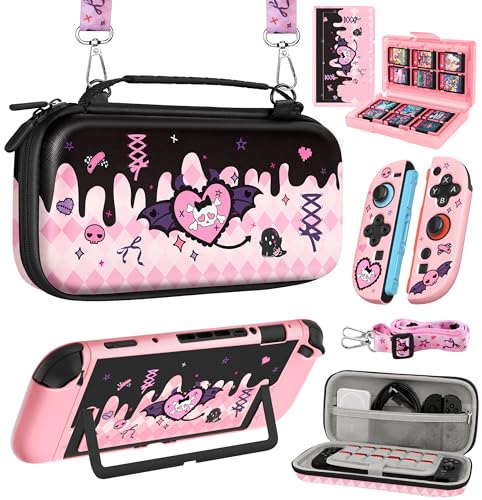 Gurgitat 6in1 Kits Accessories Bundle for Nintendo Switch 2 2025 - Cute Carrying Case, Protective Cover, Joy Con Grips, Thumb Grips, 24 Game Holder, Shoulder Strap Teens Boys Girls, Skull - color: Skull, size: for Nintendo Switch 2