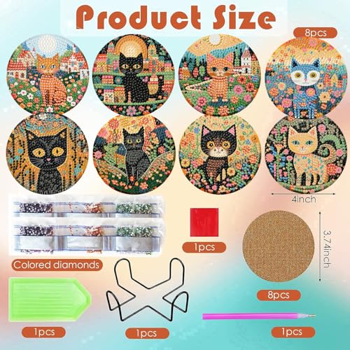 ijbnhd 8 PCS Diamond Art Coasters Kit Cat Diamond Painting Coasters - color: Cat-1