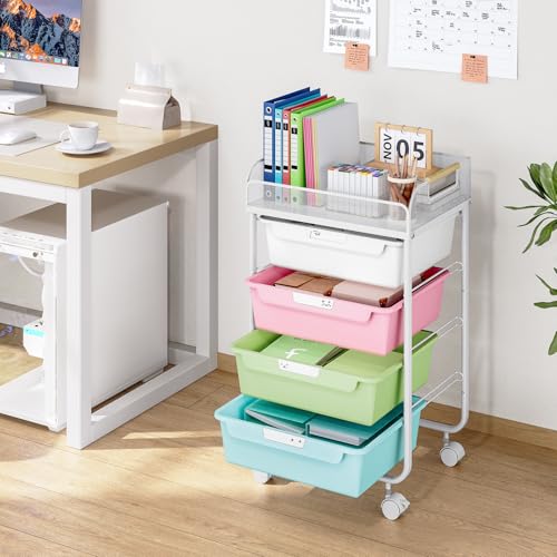 SYKIARIOL 4-Drawer Rolling Storage Cart with Mesh Top,Colourful - color: Colorful