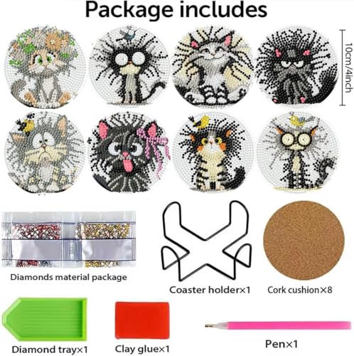 8 Pcs Cat Diamond Art Coasters, Diamond Painting Coasters 4X4IN - color: Cat