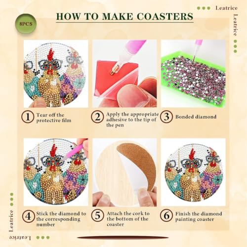Leatrice 8 Pcs Diamond Art Coasters Small Diamond Painting Kits for Adults - color: AA Chicken