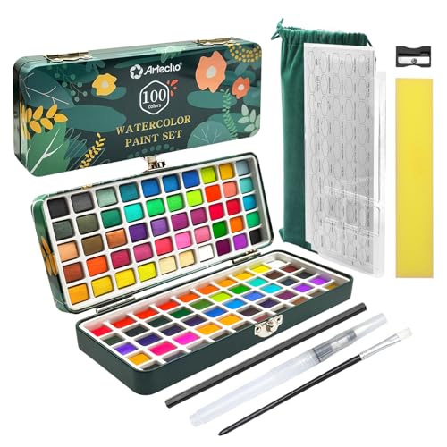Artecho 100 Colors Watercolor Paint Set with Metallics, Portable Tin Case - style: 100 Colors