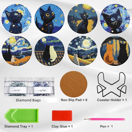 Ekuxom 8 Pcs Cat Diamond Art Coasters Kits with Holder - color: Cat