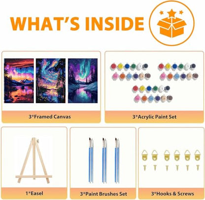 Axquilon 3 Packs Aurora Framed Paint by Numbers Kit for Adults 8x10in - color: 3 Pack Aurora with Easel