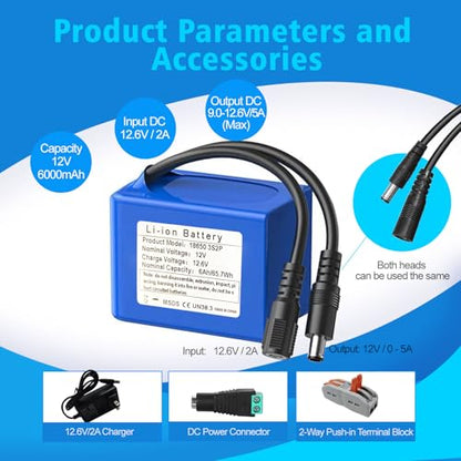2 Pack 12V 6000mAh Rechargeable Lithium Ion Battery Kit with One 2A Charger – Power Supply for LED Lights, Security Cameras, Drones, RC Models, DIY Projects, DC5521 Output - size: 2 PACK